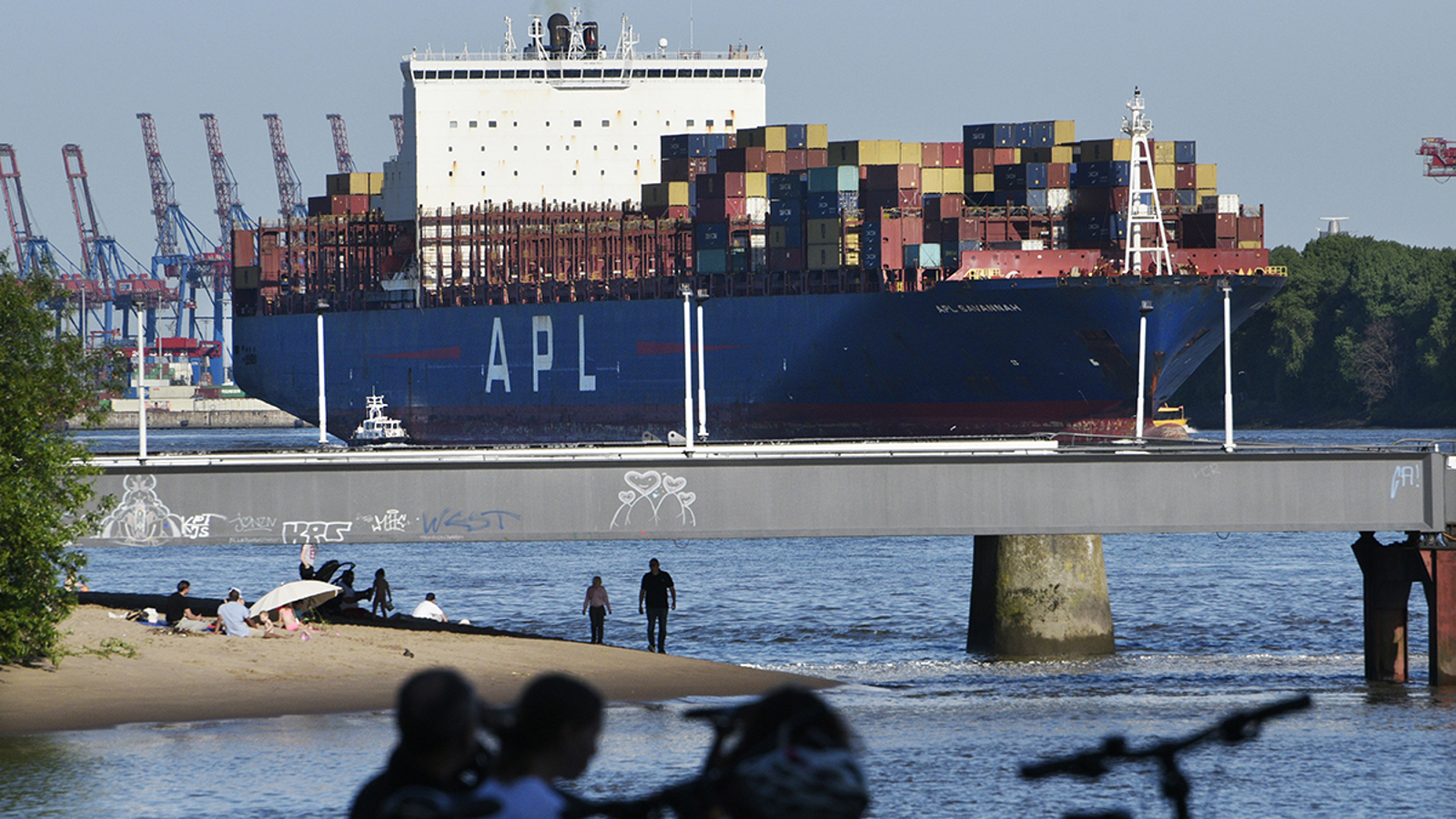 Strand en containerschip