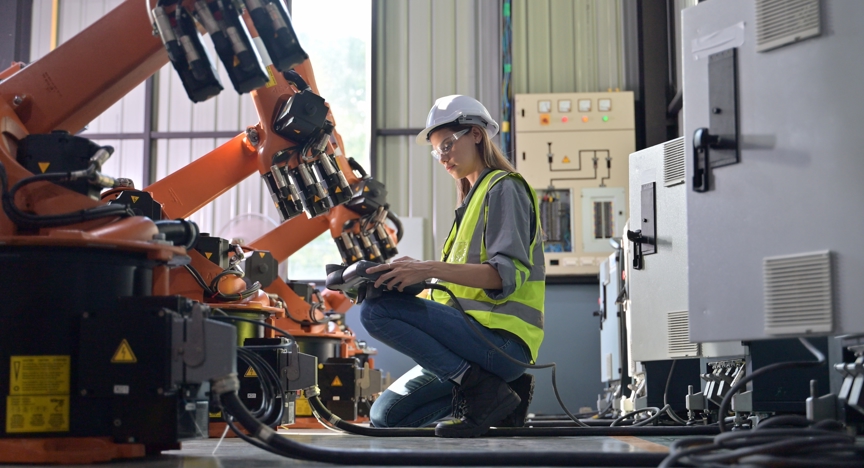 Vrouwelijke technicus die robotmachine controleert.