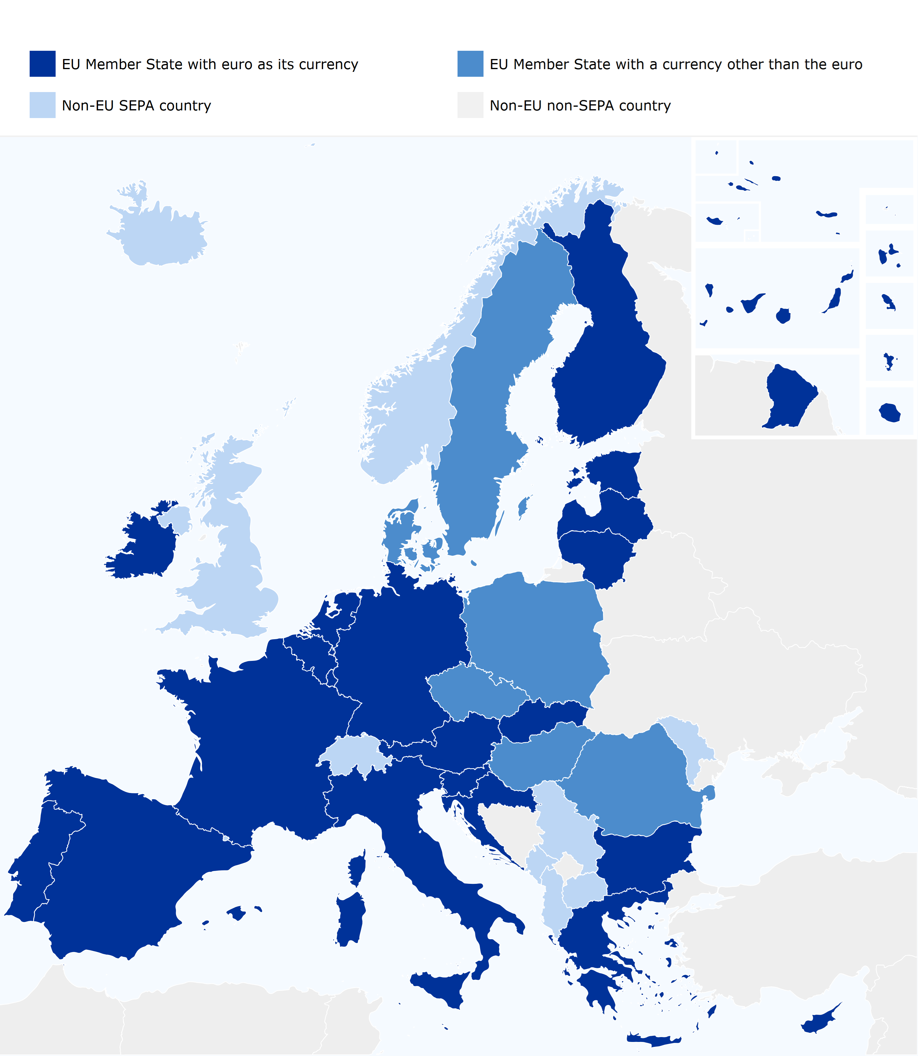 Map showing the countries that are part of the Single Euro Payments Area (SEPA).
