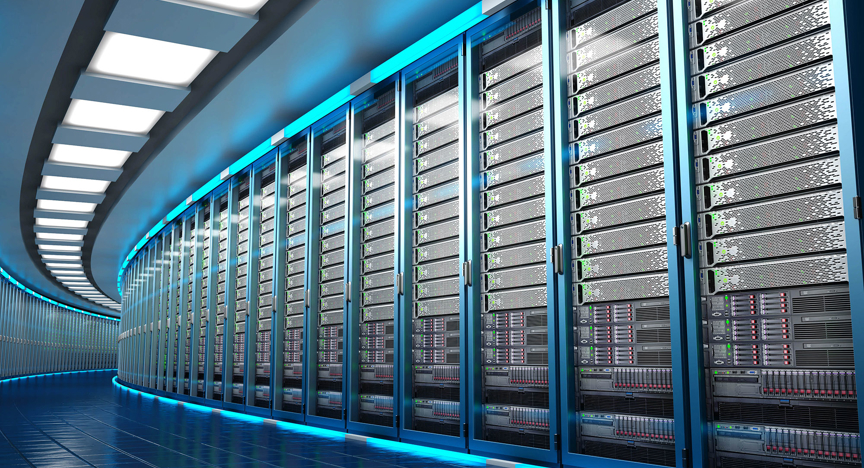 Datacentrum met blauwe lichten