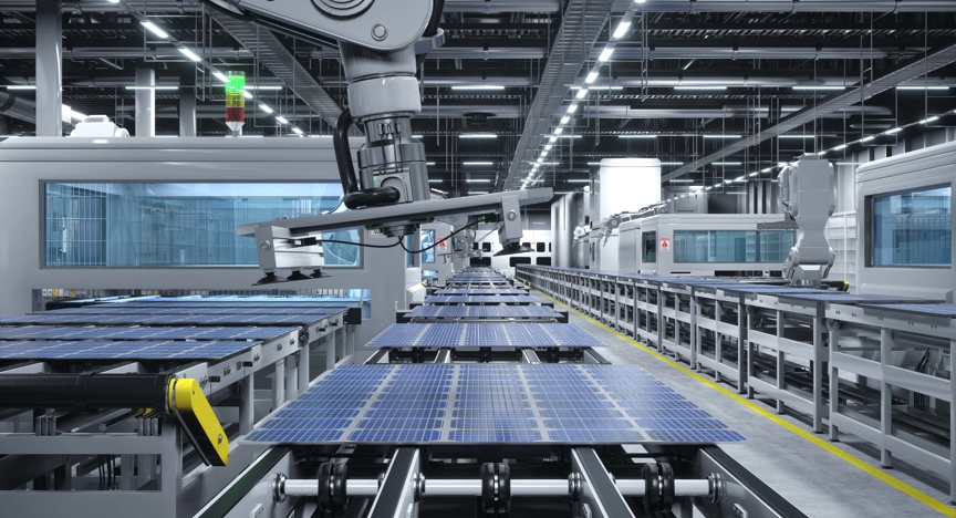 Zonnepanelenfabriek met robotarmen