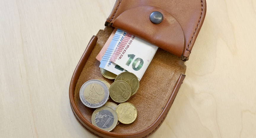 Portomonee met eurobiljetten en -munten