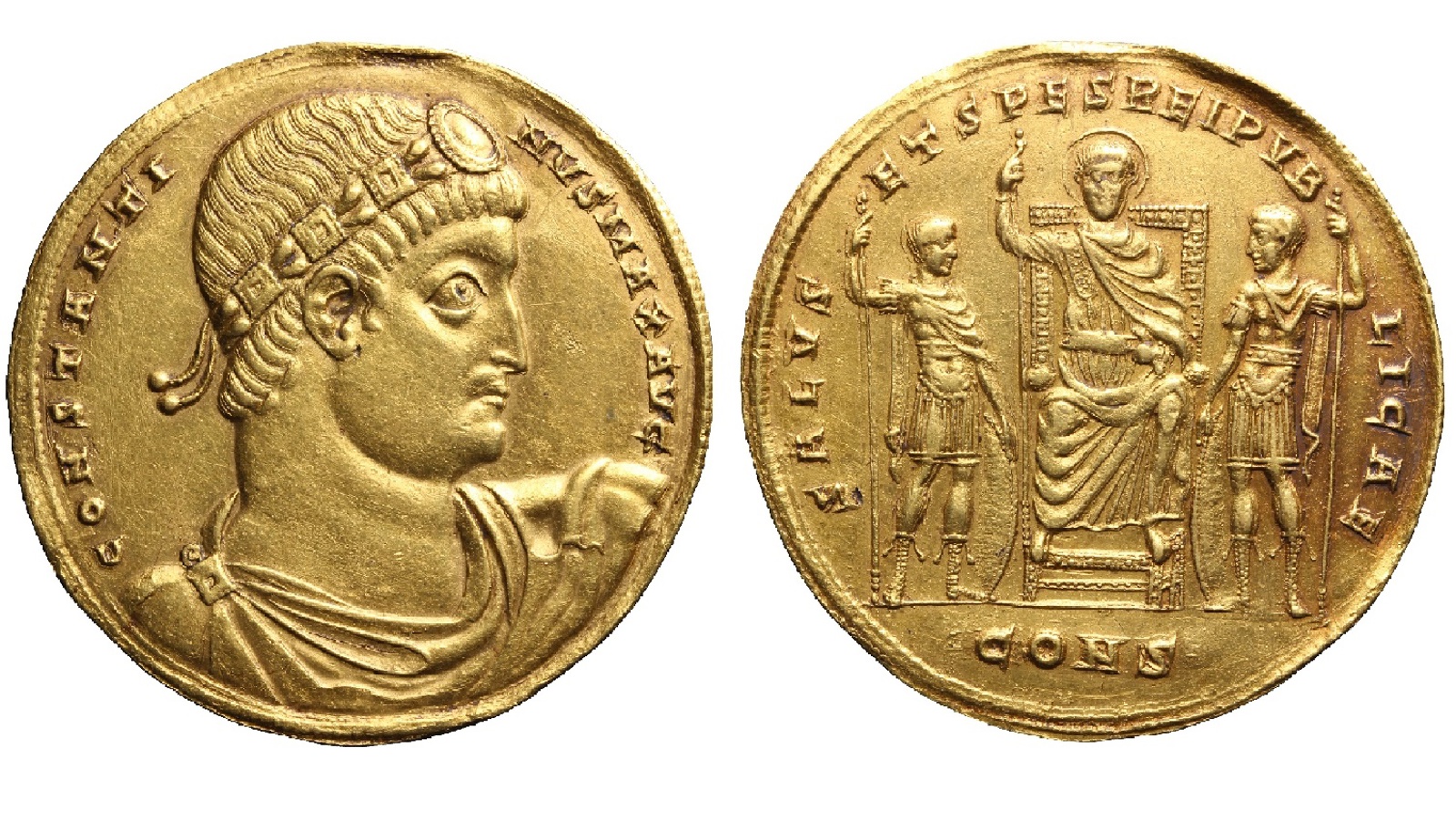 Negen solidi, 330 na Chr., goud Negen solidi, 330 na Chr., goud