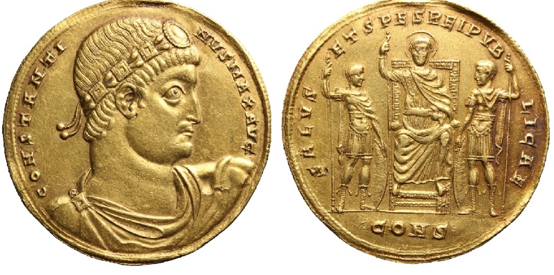 Negen solidi, 330 na Chr., goud