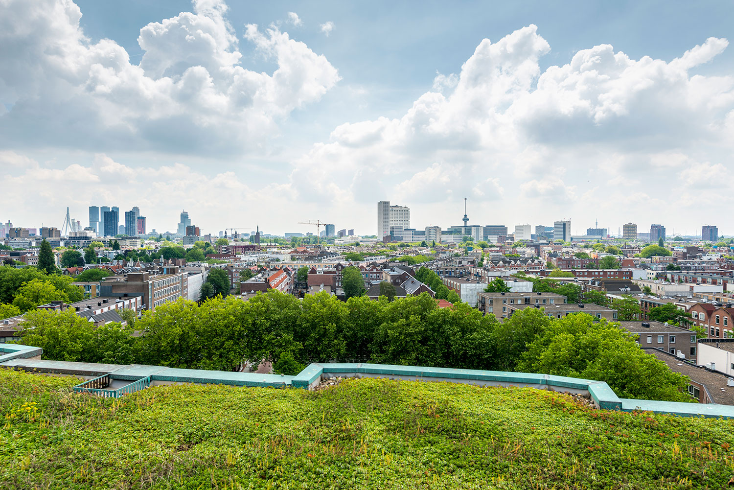 Uitzicht op een stad met groen duurzaam dak