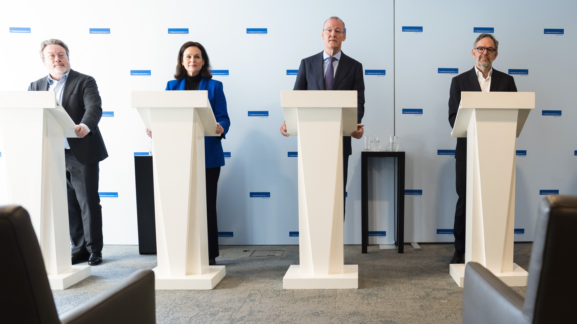 De directie van DNB tijdesn de persconferentie over het DNB jaarverslag 2023.