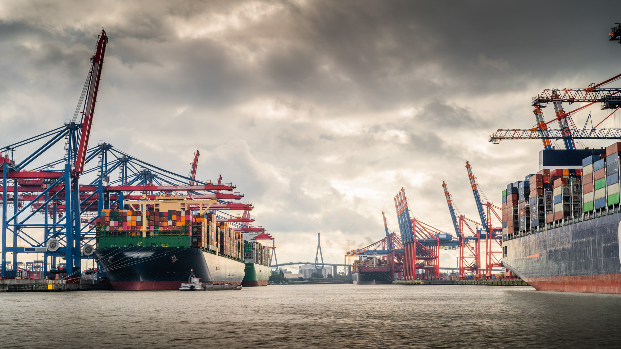 Containerterminal met grote schepen in de haven van Hamburg.