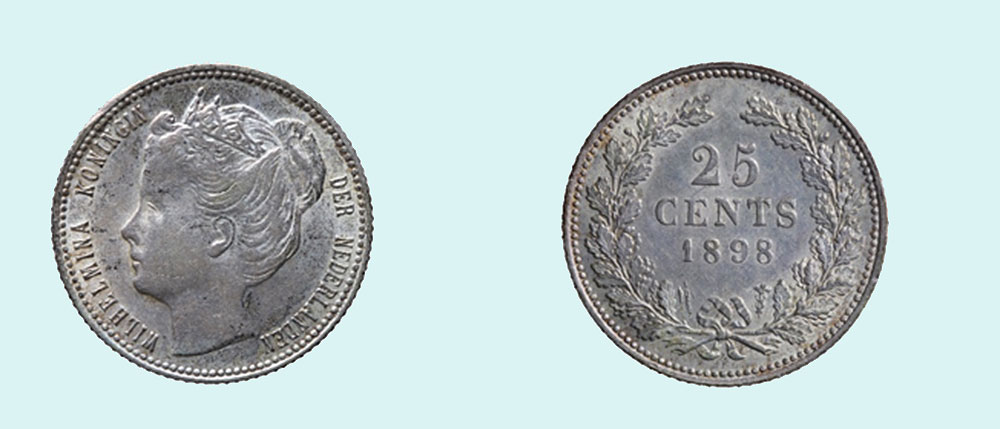 Munten uit 1898 die koningin Wilhelmina afbeelden