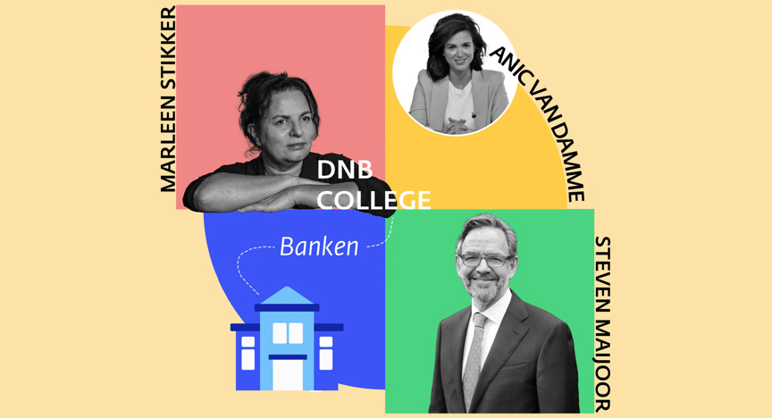 Marleen Stikker, Anic van Damme en Steven Maijoor in een DNB college over banken.